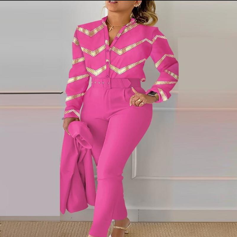 Elegant Women Printed Two Piece Suit Sets Autumn Winter V Neck Long Sleeve Shirt Top Long Pants Set With Belt Workwear Outfits 240813