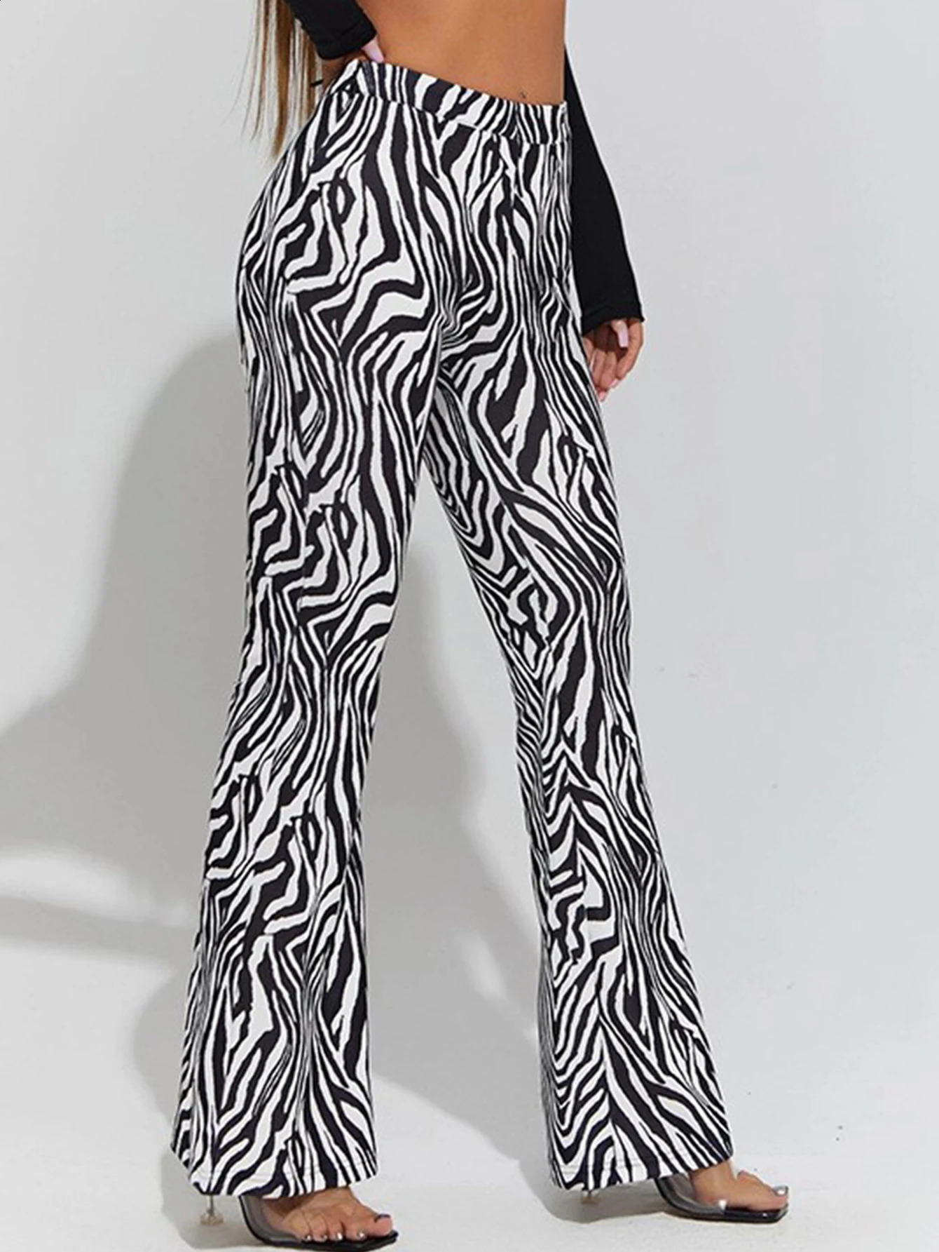 High-waisted Slim-fit Animal Pattern Digital Print Flared Pants For Women European And American Personality Stretch Pants 240813