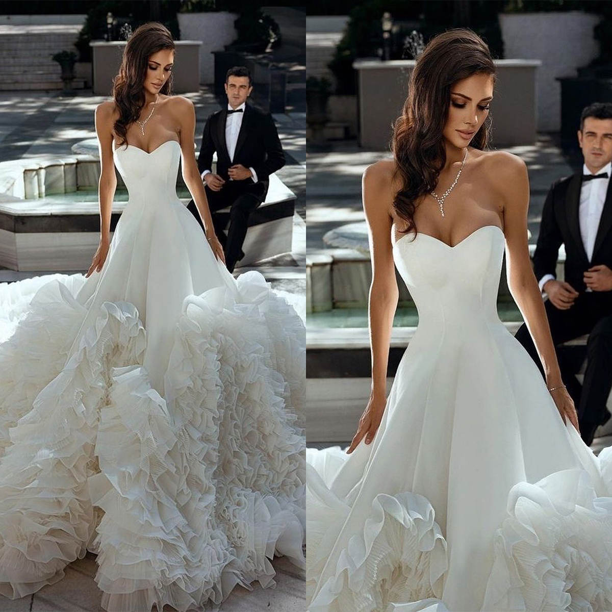 Gorgeous Ball Gown Strapless Sleeveless Bride Gowns Ruffles Pleats Ruched Wedding Dress Formal Occasion Custom Made High Quality
