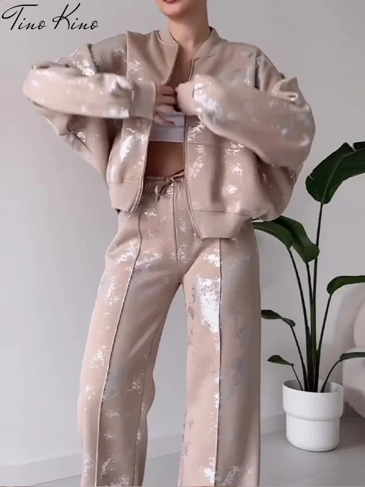 Clearance Sequined Print Trousers Women Two-piece Suit Zipper Long-sleeved Loose Female Coat Set Fashion Casual Pant Lady Sets 240813