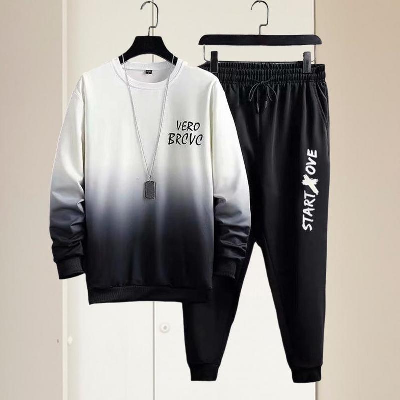 Men Casual Two-piece Suit Mens Gradient Contrast Color Tracksuit Set with Loose Fit Top Elastic Waist Pants for Hip Hop Sports 240813