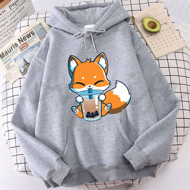 Milk Boba Tea Print Women Hoodies Korean Style Clothes Kawaii Plus Size Sweatshirt Cute Cartoon Fox Graphic Female Streetwear