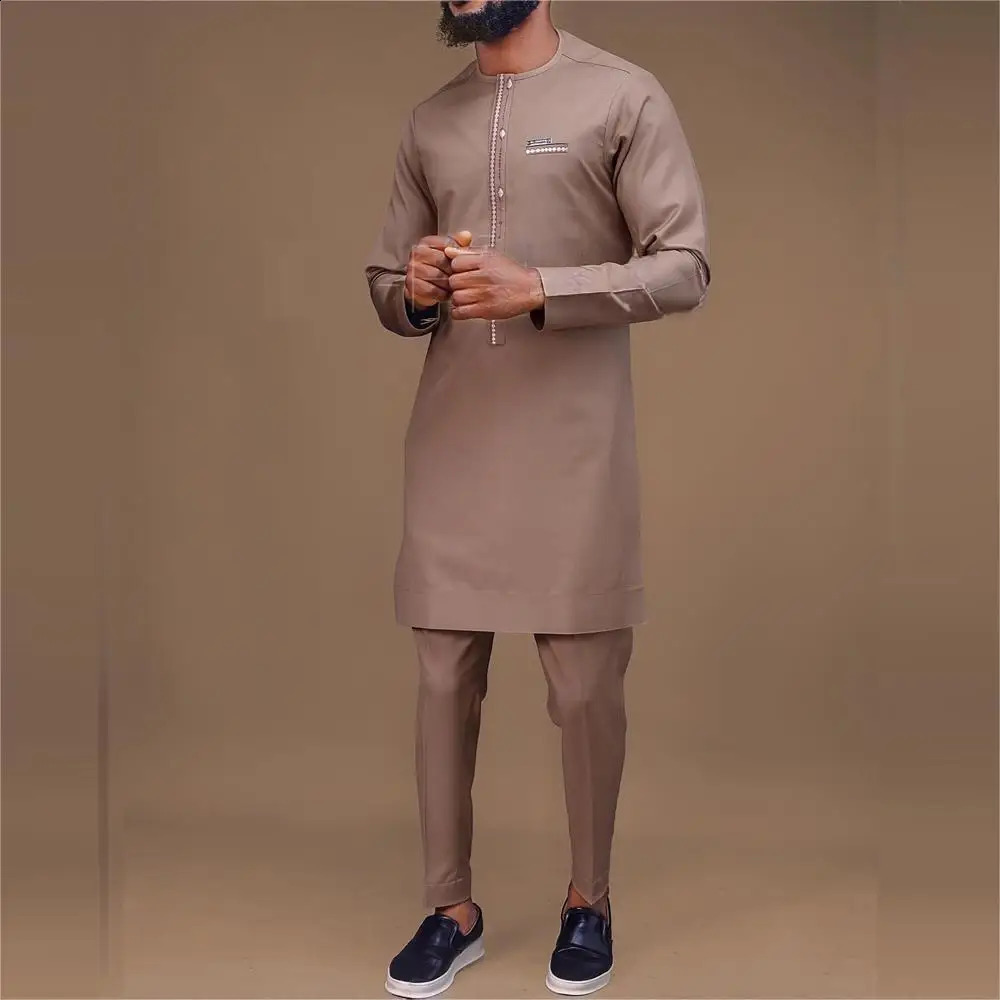 2024 Mens Elegant Suit Shirt Pants 2-piece Two-piece Set Round Neck Stitching Solid Color Party Long Sleeve African Ethnic Styl 240813