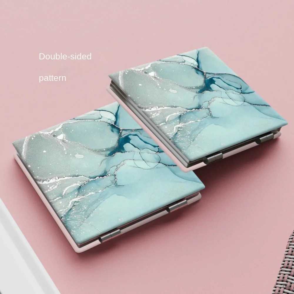 PU surface makeup mirror aluminum mirror marble texture printing handheld small mirror folding square double-sided mirror W240813