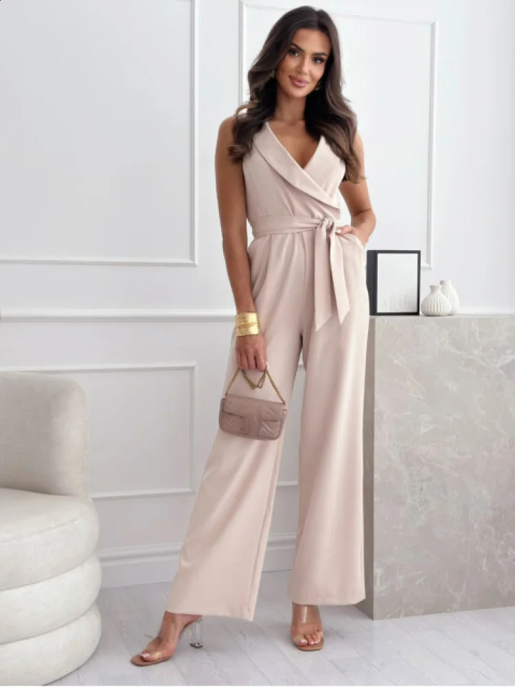 Office Elegant Jumpsuit Fashion Wrap Chest Tie-Up Sleeveless Womens Jumpsuits Loose Wide Leg Romper Ladies Overall 2024 Summer 240813