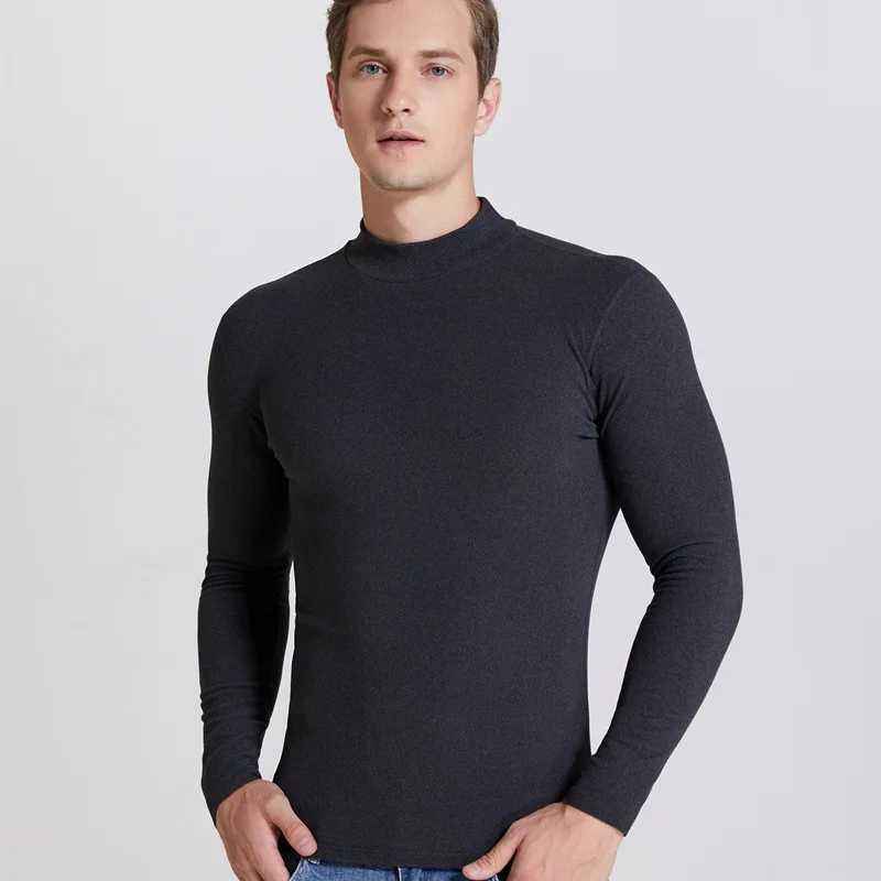 Winter Warm Half High Collar Fashion Thermal Underwear Men Mock Neck Basic Plain T-shirt Blouse Pullover Long Sleeve Top FashionM240814