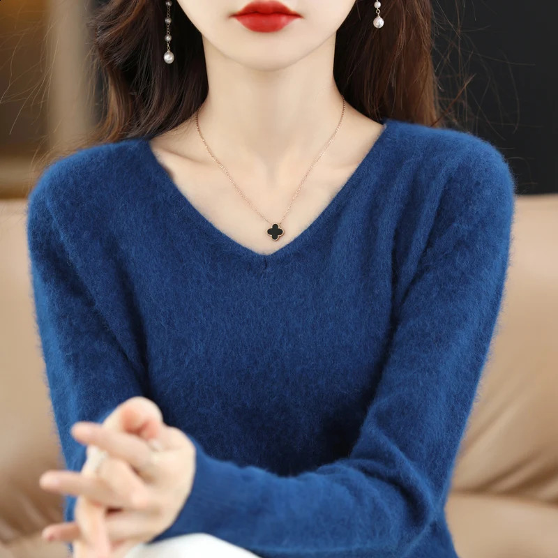 Winter Women Sweater V-Neck Knitted Pullover 100% Mink Cashmere Jumper Female Solid Color Soft Super Warm Sweater S-2XL 16 Color 240813