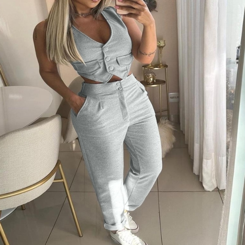 Two Piece Set Women Outfit Summer Fashion V-Neck Buttoned Sleeveless Vest Top Casual High Waist Pocket Daily Pants Set 240813