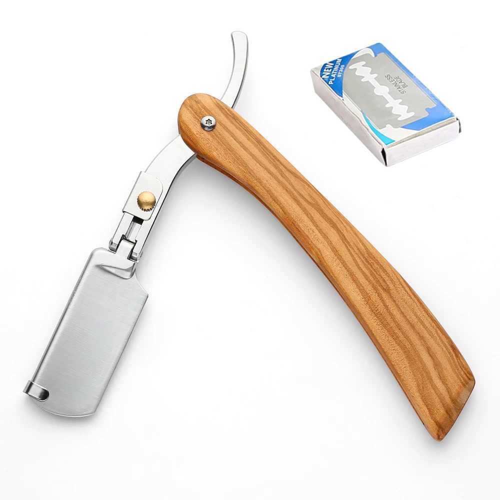 Manual Straight Edge Razor Folding Shaving Shavette Barber Razor Solid Olive Wood Handle With Double Edge Razor Blades PU PouchM240814