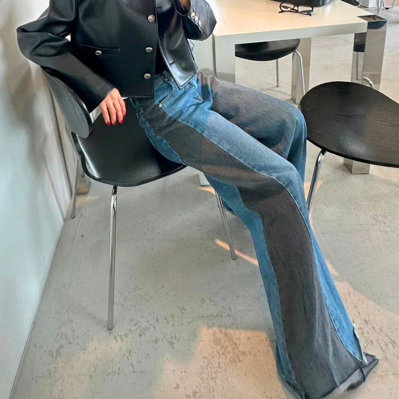 Y2K Fashion Patchwork Vintage Blue Baggy Flare Jeans Pants For Women Clothes Loose Wide Leg Denim Trousers Pantalon Femme 240813