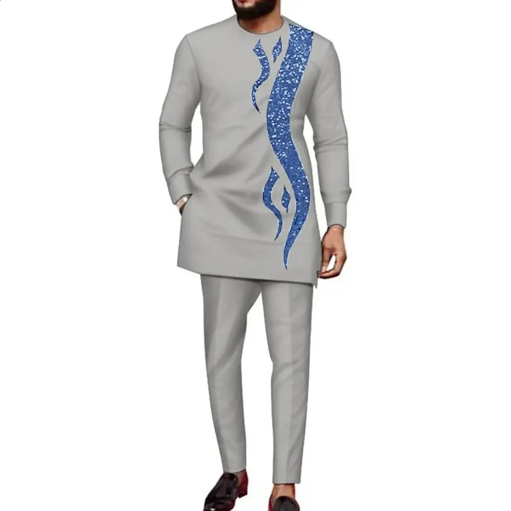 African Traditional Mens Set Grey Comfortable Cotton Embroidered Round Neck Long Sleeve Casual Two Piece Set Dashiki Style 240813