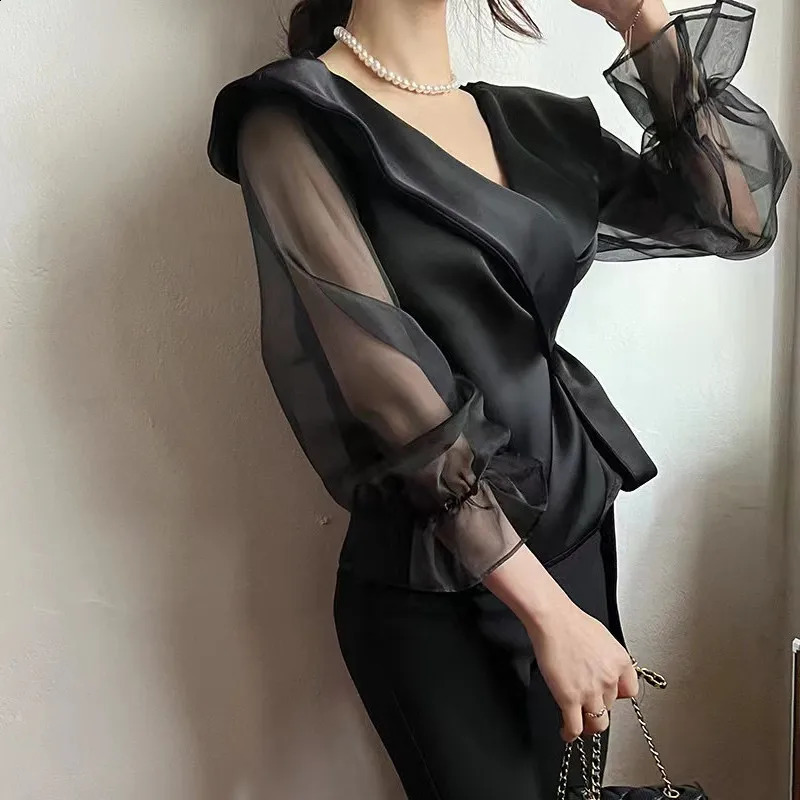 Korean Chic Spring Long Sleeve Womens V-neck Sewing Puff Sleeve Womens Lace Chiffon Sleeveless 240814