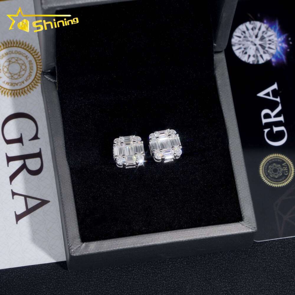 New Arrival Hip Hop Design Baguette Diamond VVS Iced Out Moissanite Stud Earrings for Men