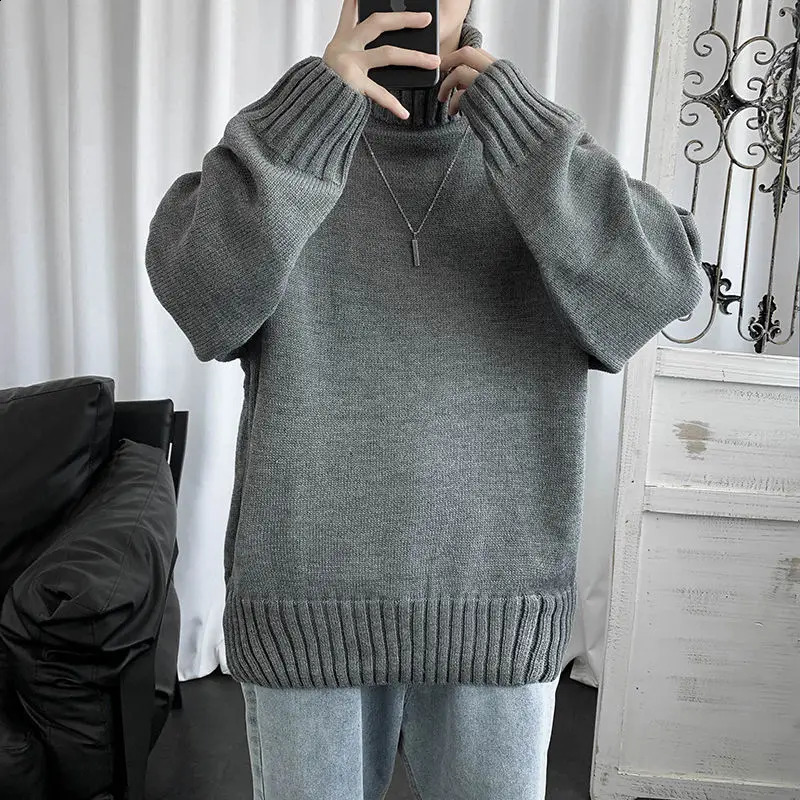 Winter Korean Solid High Neck Sweater Mens Patch Work Thread Student Fashion Loose Edition Warm Long Sleeve Knitted Top 240829