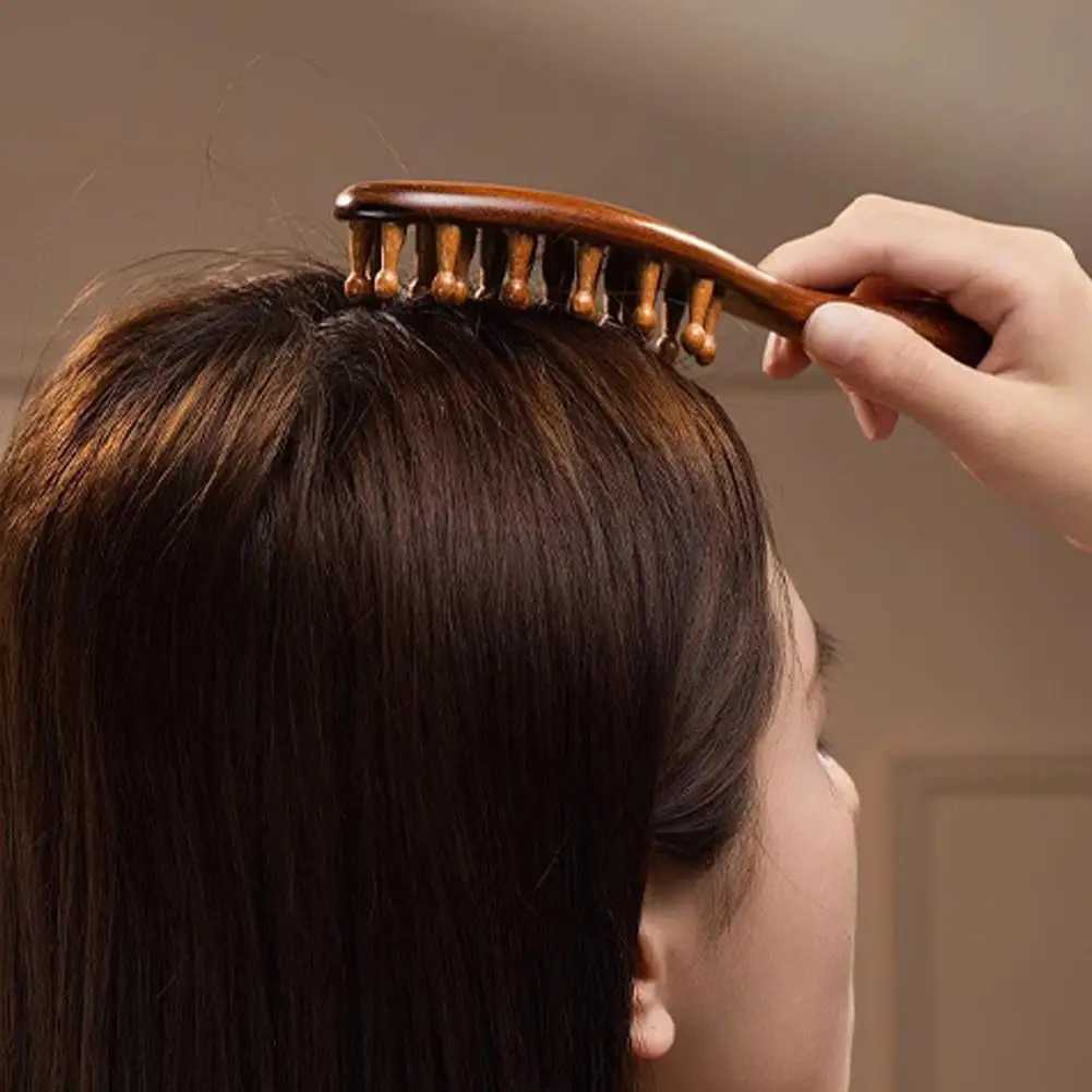 Golden Sandalwood Comb Head Meridian Comb Natural Sandalwood Long Handle Comb Multi functional Insertion Tooth Massage Comb W240813