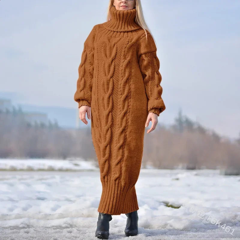 2024 Autumn Winter Solid Color Turtleneck Pullover Twisted Loose Knitted Sweater Long Dress Sweater for Women 240813