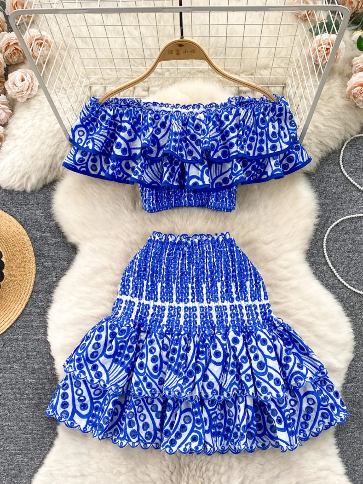 Bohemia Holiday Women Skirts Set Crochet Hollow Out Off-shoulder Tops A-line Mini Skirt Two Piece Sets Womens Outifits Dropship 240810