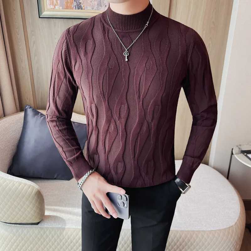 2023 autumn and winter jacquard mens sweater long sleeved slim fit half turtle neck sweater fashionable casual business knit zipperW240729