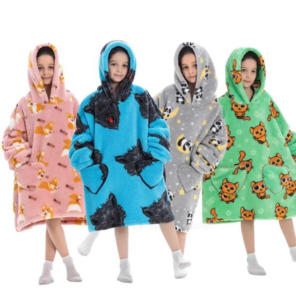 Kids Oversized Blanket Hoodie Winter Sweatshirt Hooded Panda Cat Shiba Inu Sweatshirt Boy Girl Baby Hoodies Super Warm ClothesY240814