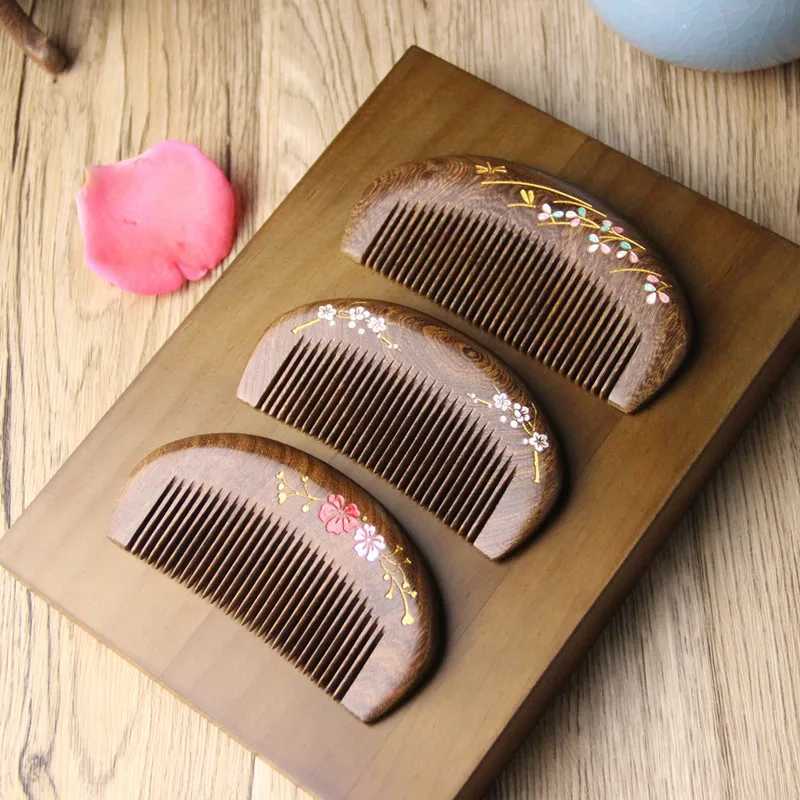 Natural Sandalwood Gold Wire Wood Comb Log Health Massage Portable Comb Temperature High end Gift W240813