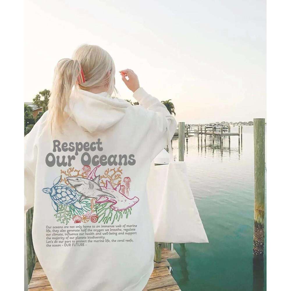Respect Our Oceans Manga Hoodie Women Unisex Oversized Long Sleeves Sweatshirts Shark Save The Ocean Cartoon Print Streetwear