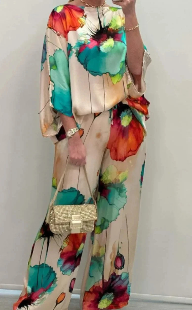 Spring Summer Fashion Satin Print Two Piece Set Women Causal OL Loose Round Neck Top Wide Leg Pants Two Piece Set Women 240813