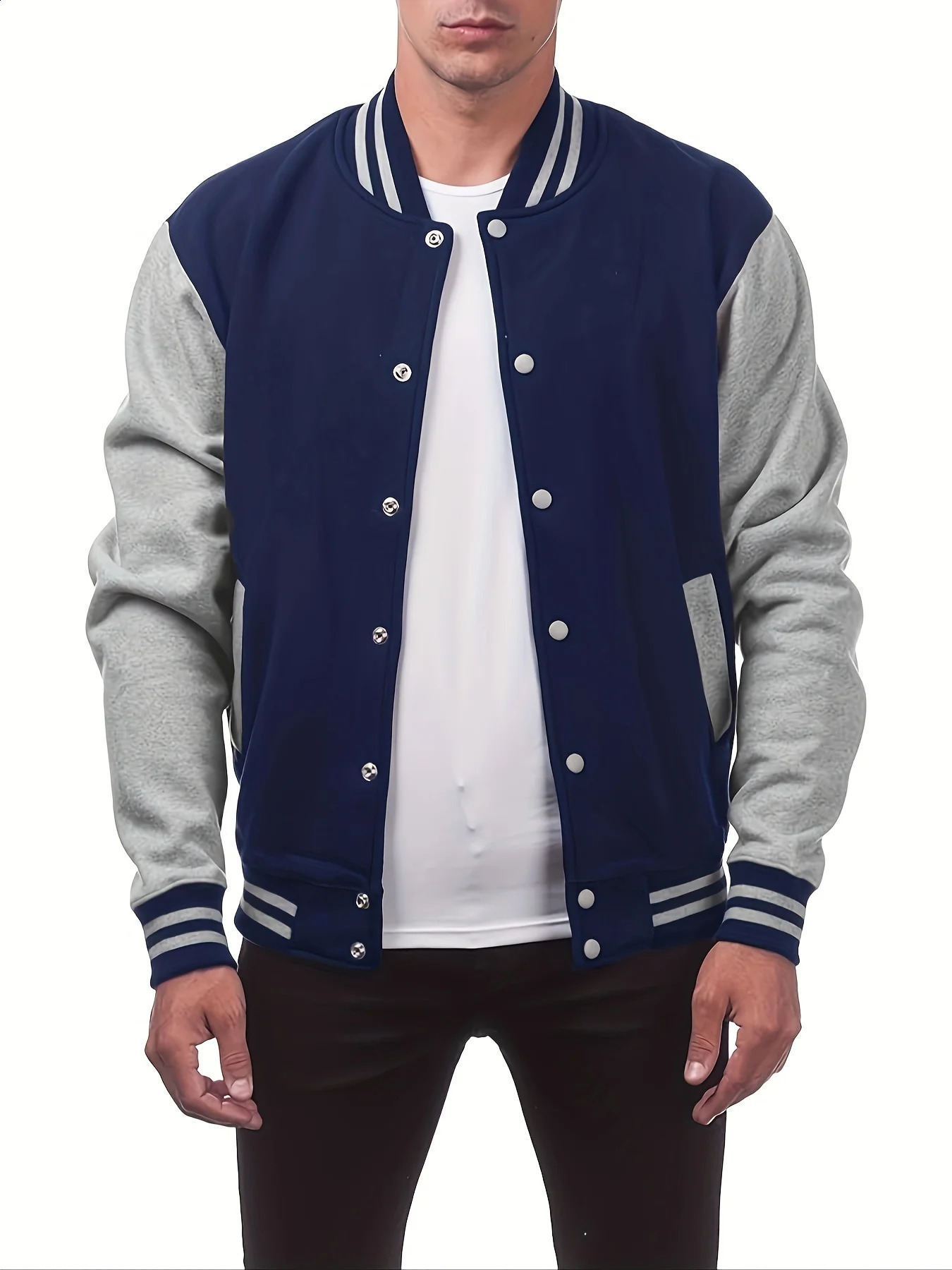 Mens Long Sleeve Solid Color Baseball Collar Knit Jacket Pocket Stretchy Fabric Perfect for Casual Outdoor Sports Varsity Events 240712