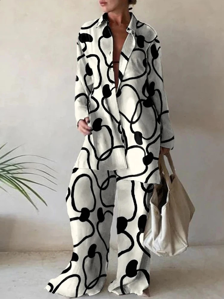 Casual Print Two Piece Suit Office Lady Suit Fashion Suit Women Loose Long Sleeve Shirt Straight Pant Sets Tracksuits 240813