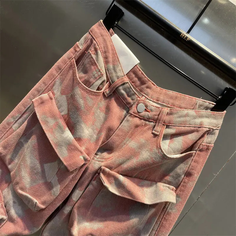 Retro Pink Camouflage Pants Punk Harajuku Baggy Jeans Multi Pocket tie Overalls Trousers Hip Hop Fashion Leisure Streetwear 240814