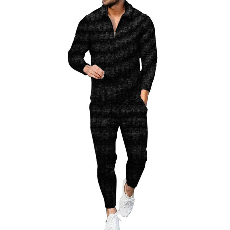 Spring Autumn Solid Color Polo-neck Loose Casual Top Elastic Pants Set Male Fashion Sporty Pullover Tee Sweatpants Suit Homme 240813