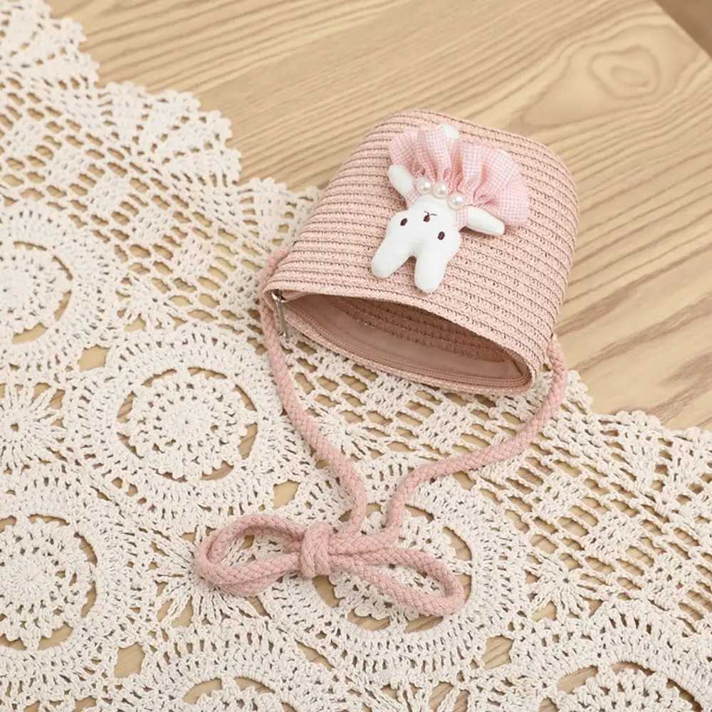 Cartoon Rabbit Mini Straw Bag Summer Beach Zipper Hand Woven Childrens Messenger Bag Coin Wallet Photo Props Cross body Handbag W240906