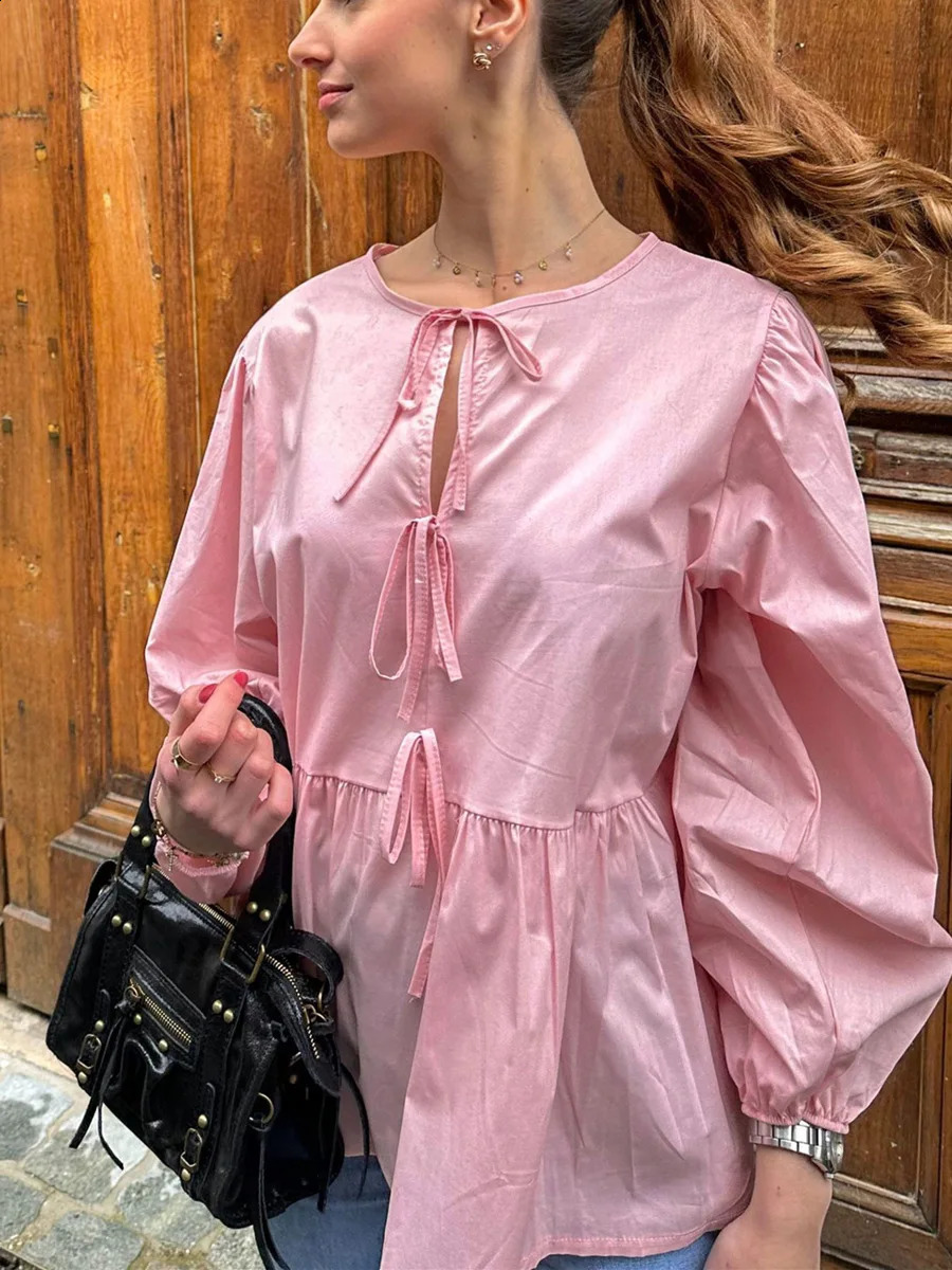 Womens lace front shirt summer stripes loose fit round neck long fluffy sleeves elegant office womens floral top 240814