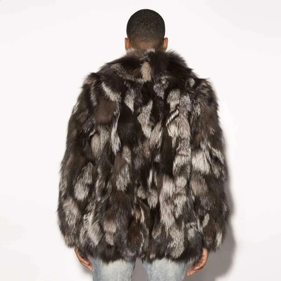 Silver fox fur mens jacket real winter fashionable y bomber 240809