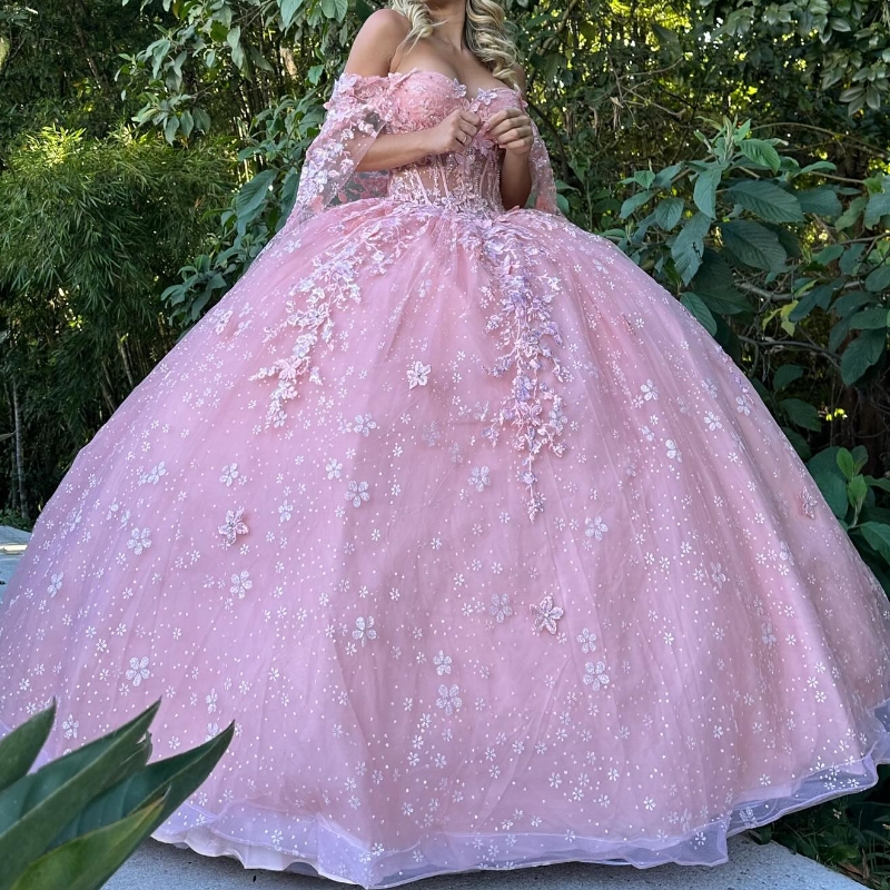 Pink Sparkly Crystal Appliques Quinceanera Dresses Ball Gown Off The Shoulder Beading Tull With Cape Sweet Vestidos De 15 Girls