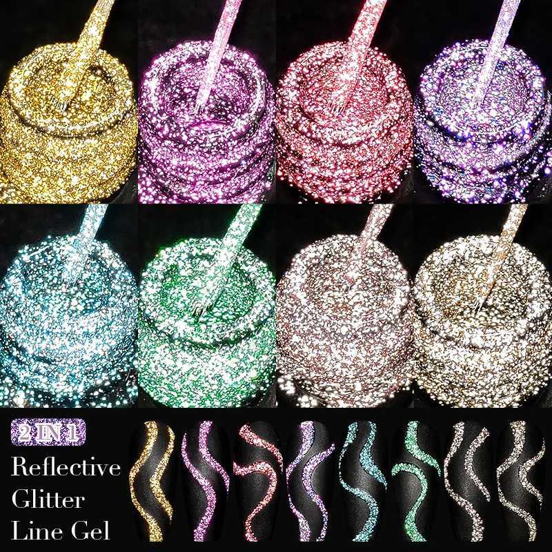 MEET ACROSS Rose Gold Reflective Glitter Liner Gel Nail Polish Sparkly Line Graffiti Painting Stripe Gel Soak Off Nail ArtM240814