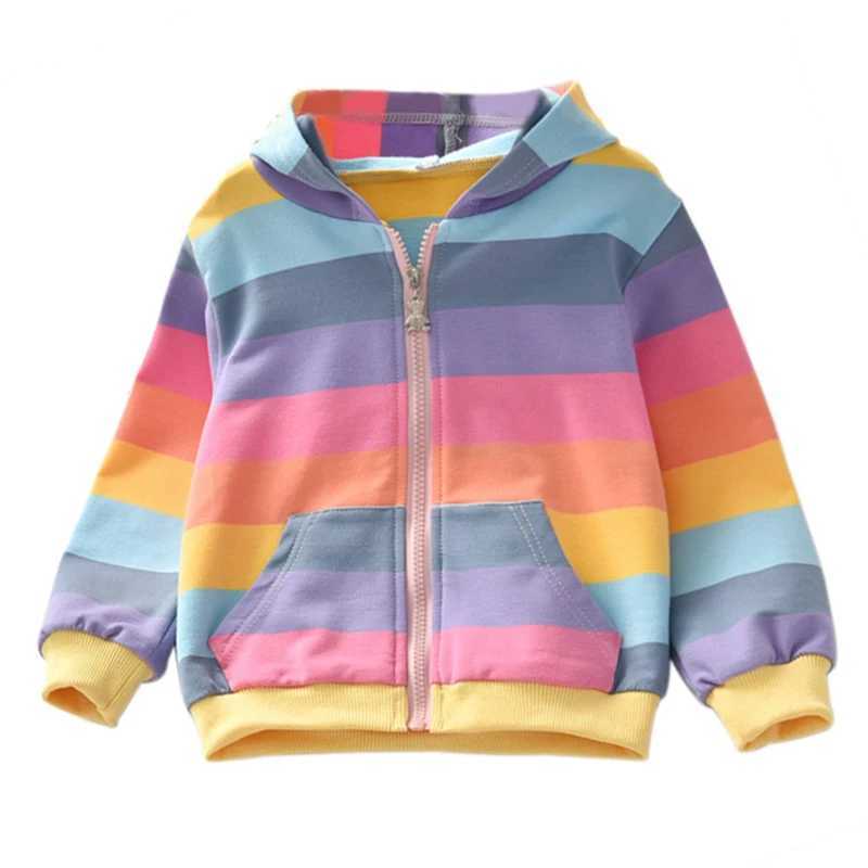 Autumn Children Girls Outerwear Rainbow Striped Casual Hoodie Zipper Sweatshirt Kids Coat Outfits TopsY240814