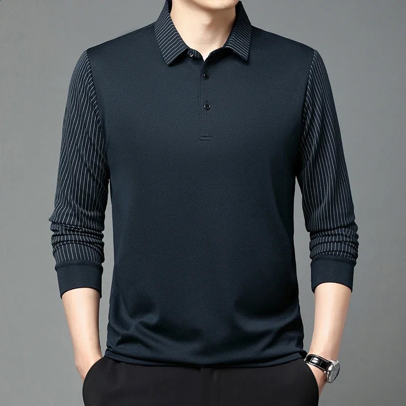 mens casual solid color long sleeved Polo shirt Fashion solid color lapel top 240814