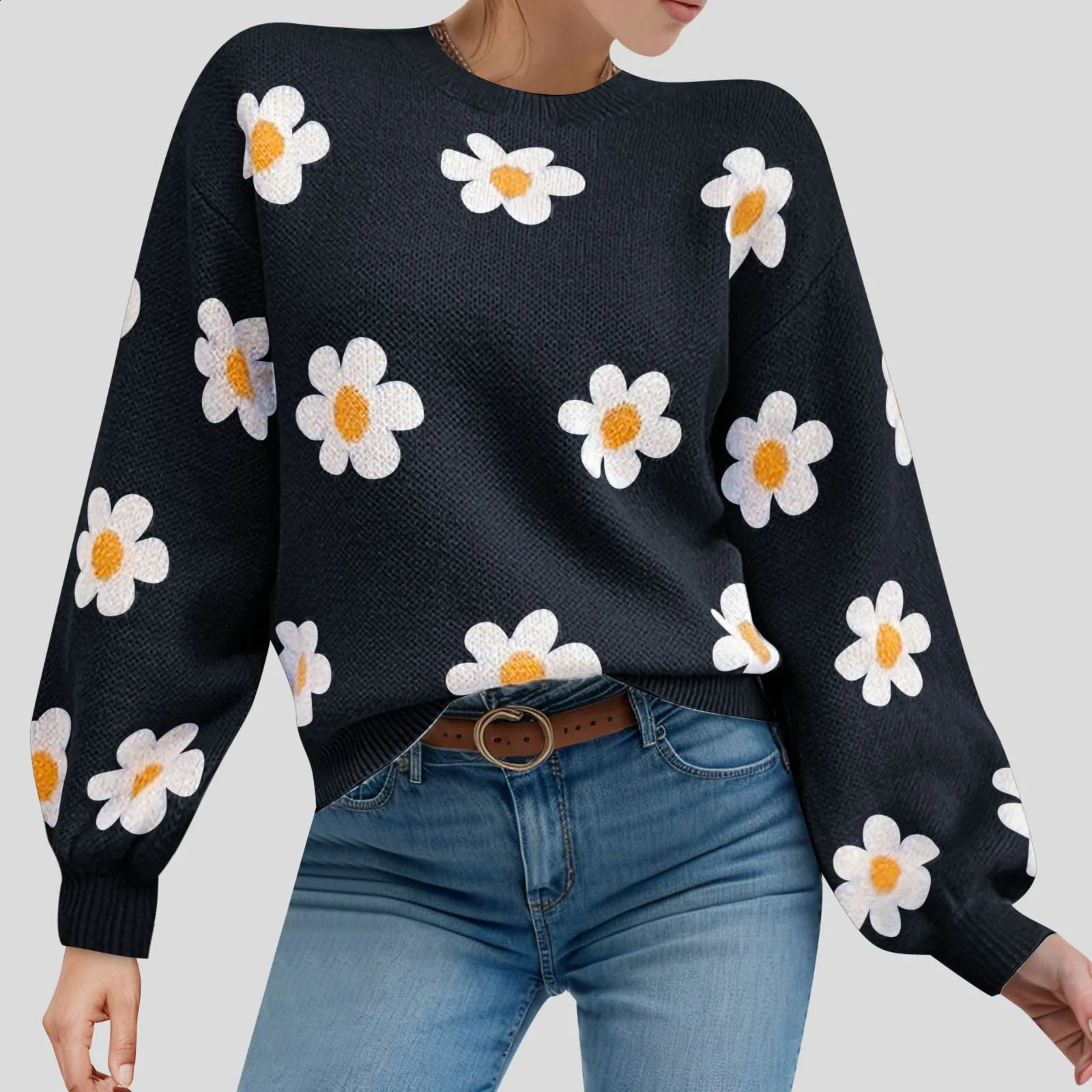 2024 Fall Sweater Women Fashion Round Neck Flower Printed Long Sleeve Ribbed Knitted Pullover Top Autumn Winter Outfits 240814