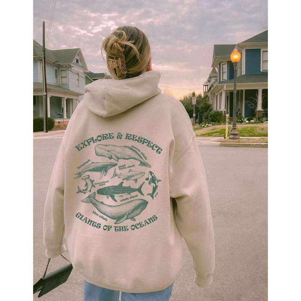 Person Sweatshirt For Women Ocean Whale Shark Manga Printed Hoodies Long Sleeves Comfortable Fleece Loose Streetwear