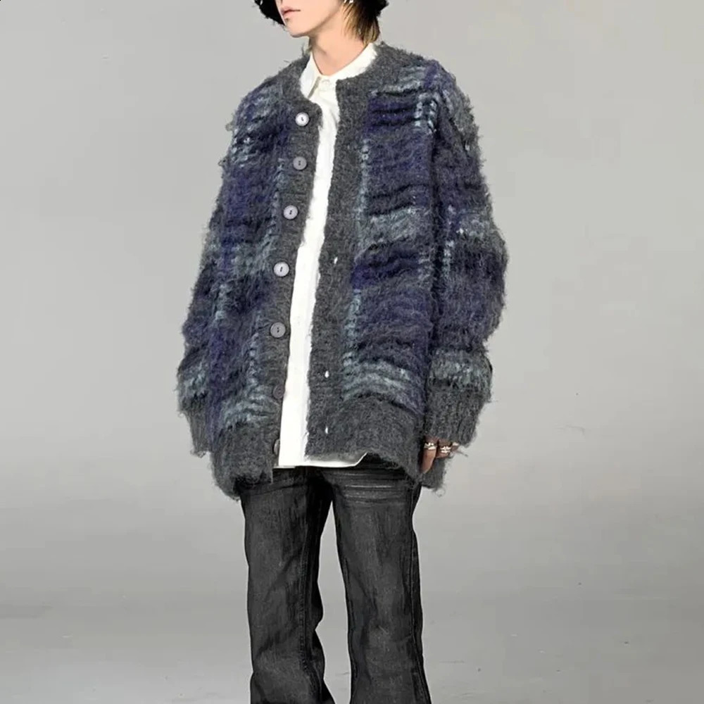 Men Y2k Contrasting Color Cardigan Casual Knitted Sweater Autumn Winter Genderless Fashion Youth Personality Loose Jacket Unisex 240821
