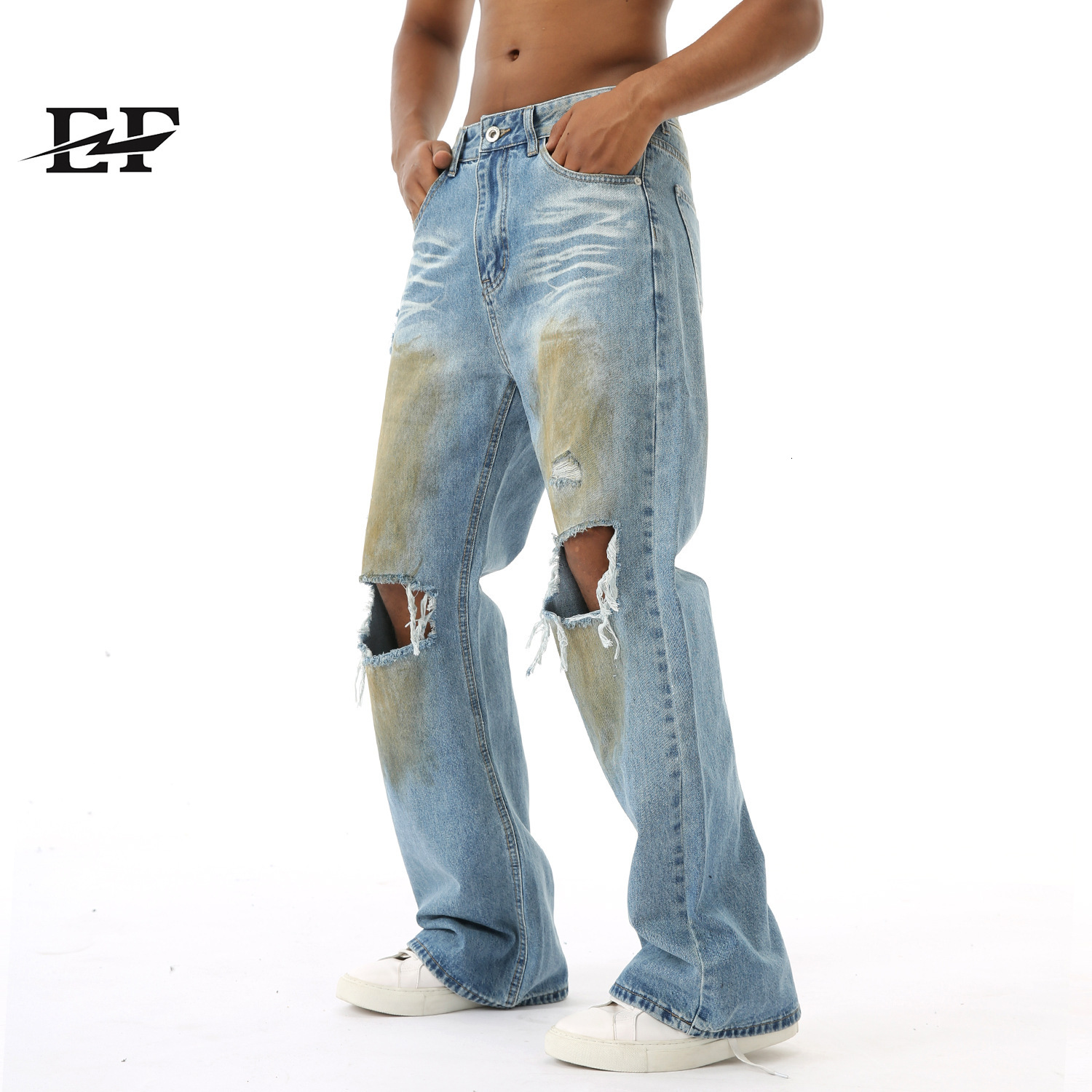 24ss Four Seasons New Product Street Trendy Waste Soil Style Doing Old Broken Hole Jeans Casual