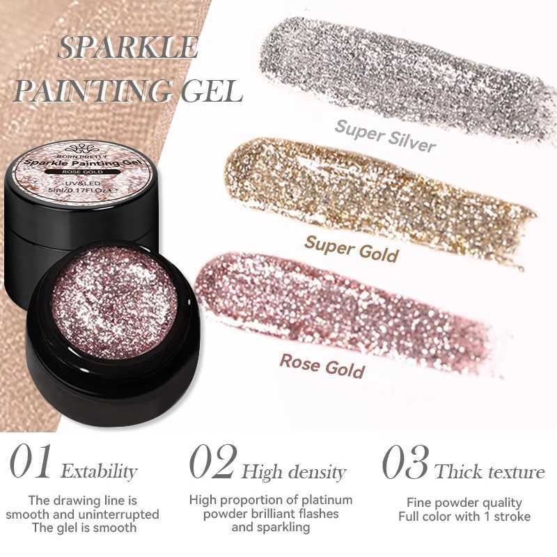 BORN PRETTY Sparkle Painting Gel 5ml Glitter Bright Gel Nail Polish Super Gold Silver Effect Drawing Line French Nail VarnishM240814