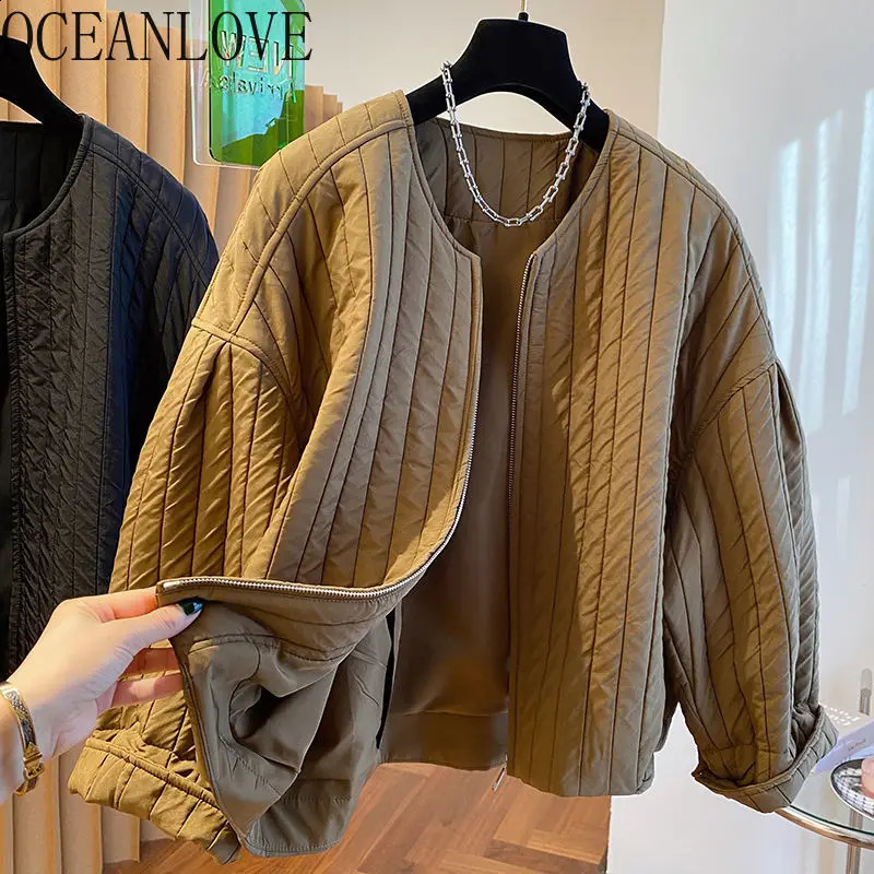 OCEANLOVE Autumn Winter Jackets for Women Zipper Korean Fashion Solid Vintage Warm Parkas Coat Loose Simple Chaquetas Mujer 240813