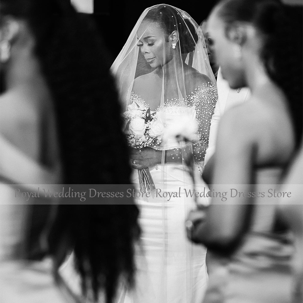 African Luxury Wedding Dress Pearls Long Sleeves White Satin Wedding Gowns for Women 2024 Bride Mermaid Trumpet Bridal Dresses