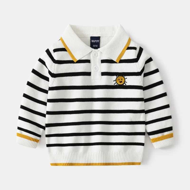Autumn Toddler Boy Sweater Turn Down Collar Cartoon Embroidery Long Sleeve Baby Boy Pullover Loose Warm Striped Kid Boy KnitwearY240814