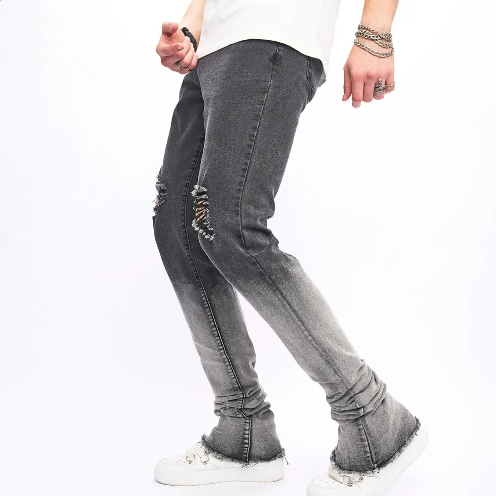 Fashion Gradient Color Men High Street Holes Slim Stretch Jeans Male Ripped Distressed Micro flared Denim Pants Mens Trousers 240814