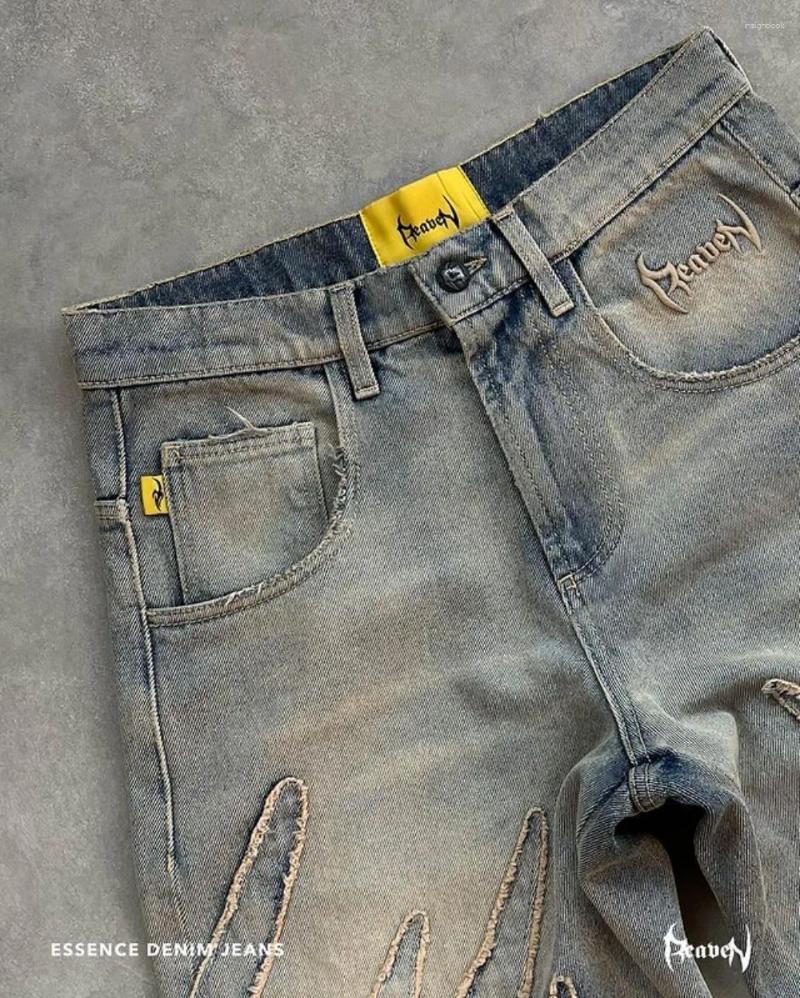 Men's Jeans Streetwear Reaven Mens Y2k Hip Hop Distressed Retro Blue Baggy Haruku Gothic High Waist Wide Leg Trousers