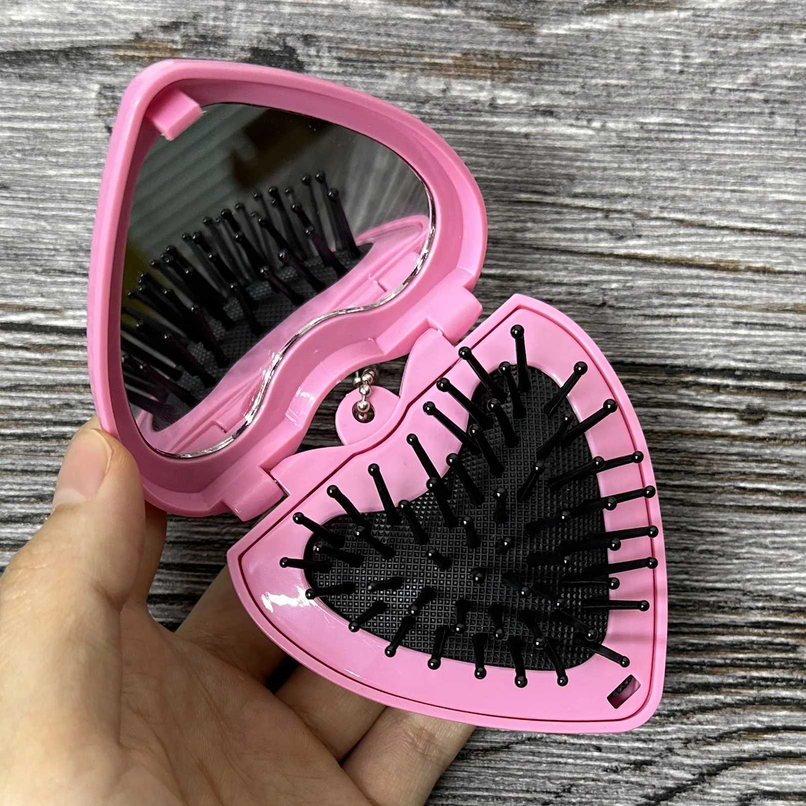 Heart shaped folding hair brush with mirror cute pink hand mirror with brush W240813