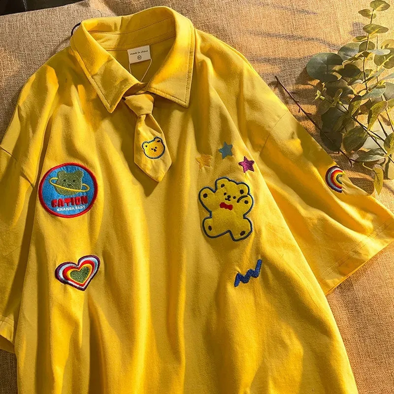 Women Cute Cartoon Bear Appliques POLO Collar T-Shirt Summer Aesthetic Kawaii Harajuku Loose Korean Style Student Blouse Female 240814