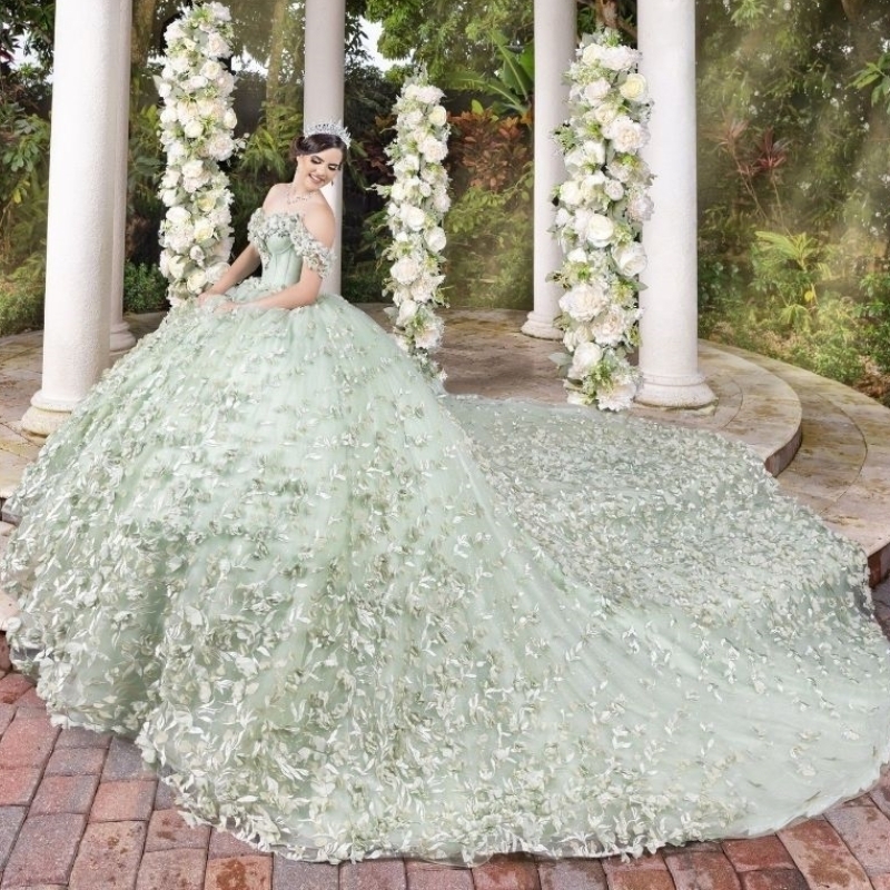 Light Sage Green Gillter Princess Quinceanera Dresses 2024 Off Shoulder 3D ral Applique Lace Tull Lace-up Corset Vestidos 15 anos